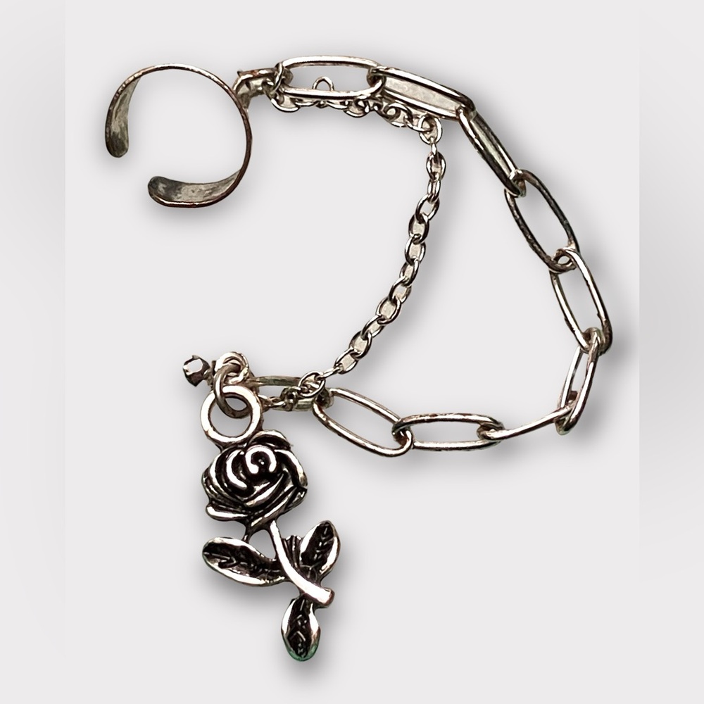 Rose Silver Tone Stud Earring with Chain to Ear Cuff Y2K Goth Style